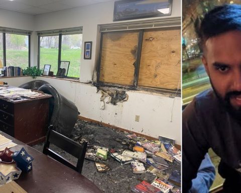 Hridindu Sankar Roychowdhury, right, pleaded guilty Friday to the May 2022 firebombing of a pro-life headquarters in Madison, Wisconsin, left.