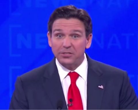 Florida Gov. Ron DeSantis takes part in the fourth GOP presidential primary debate on Wednesday.